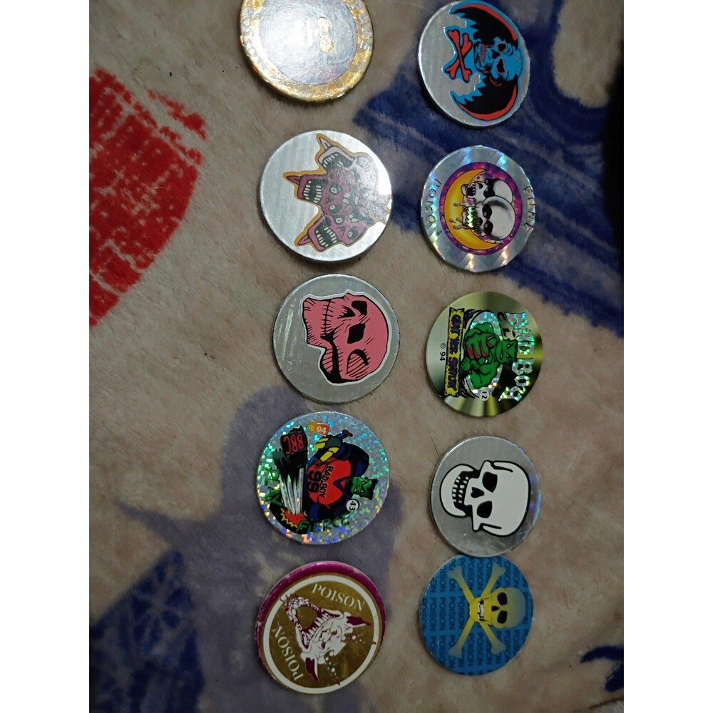Lot Of 171 Vintage Skull Poison Toxic Pogs With Holder-0564